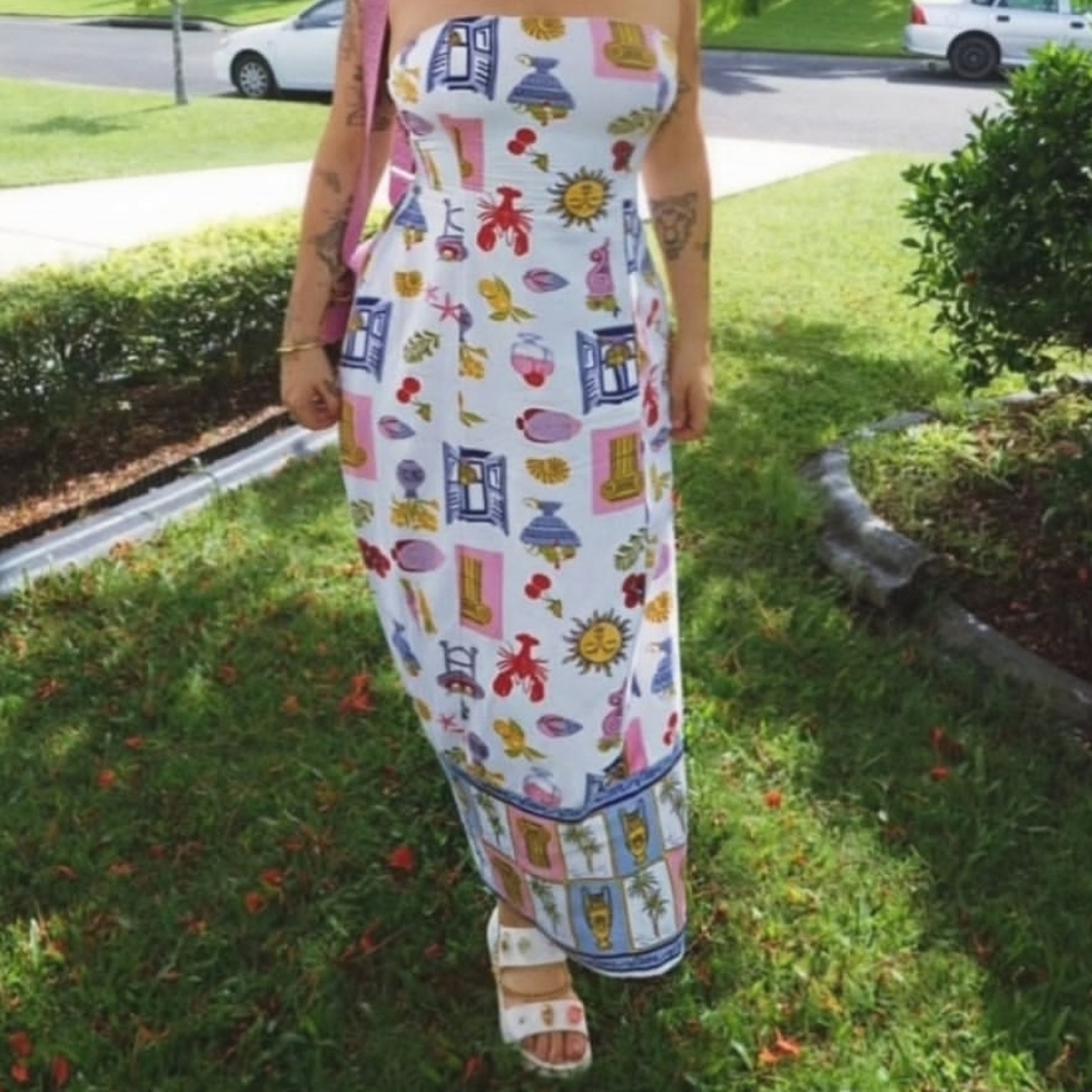 NWT Japna Linen Blend Strapless Maxi Dress, XL, White Multi - Picture 6 of 10